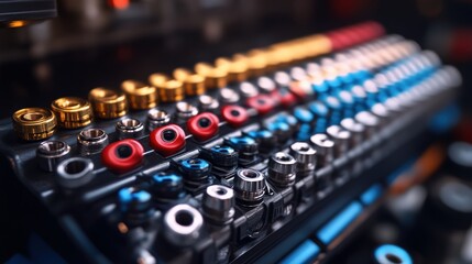 Close up of colorful audio equipment control panel with knobs and connectors