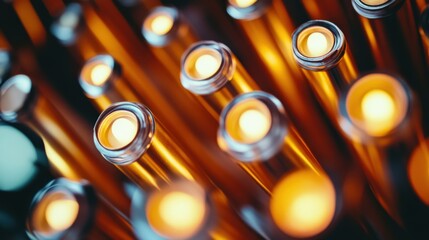 Close up view of brightly lit metal tubes with warm glows for creative backgrounds