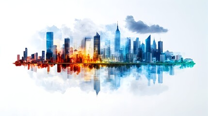 Colorful city skyline reflected in water, cloudscape