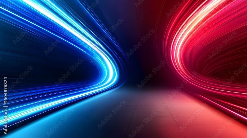 Poster the image shows an abstract composition featuring vibrant blue and red light trails curving towards 