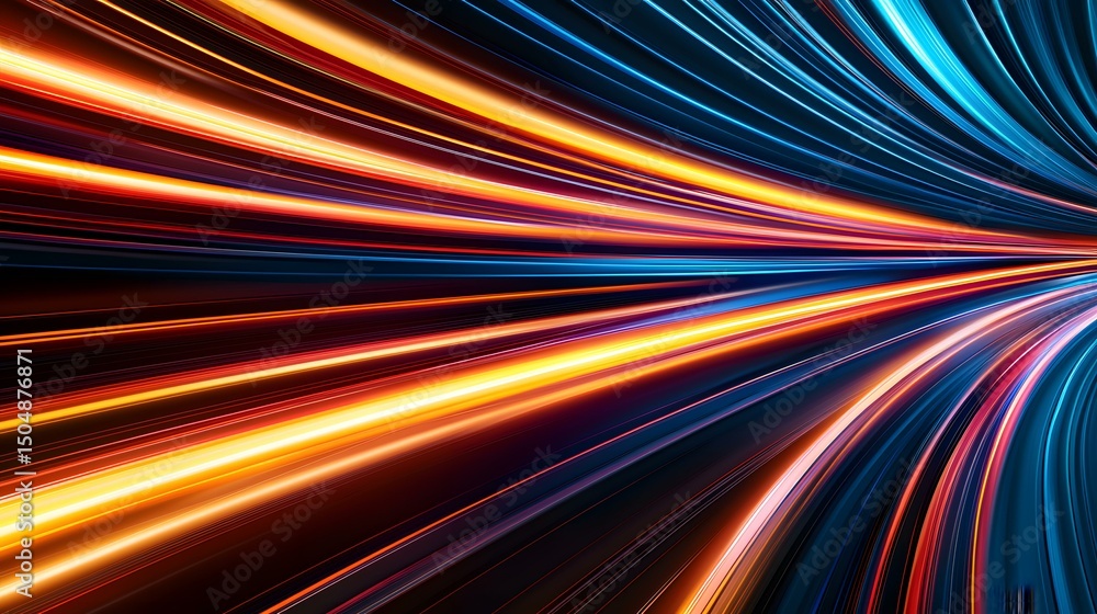Poster the image contains streaks of vibrant light in shades of blue, orange, and red, converging towards a