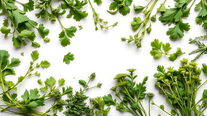 Obraz premium Vibrant green herbs and leafy greens arranged on white background