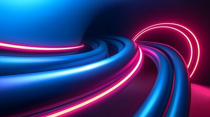 The image contains abstract 3D render of swirling, glossy blue tubes intersected by bright pink and yellow neon lights.