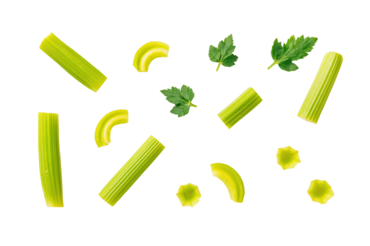 Minimalist celery grid softly lit, isolated on transparent background, excellent for vegan cookbook pages and smoothie guides