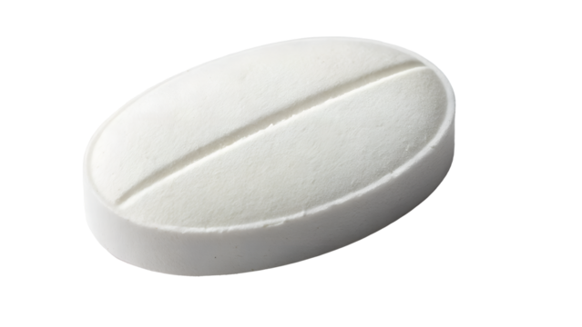 A single white oblong pill with a score line on black back