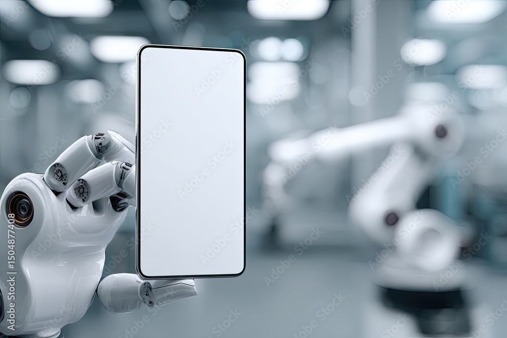 Aufkleber robotic hand holding a blank smartphone screen in a factory setting with robotic arms blurred in the