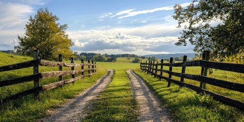 Fototapeta premium A charming rural pathway lined with an old wooden fence, leading into the distance