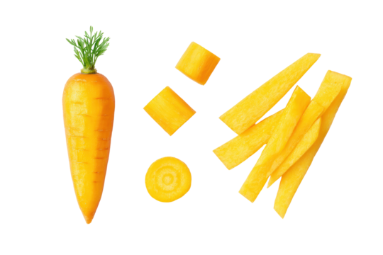 Symmetrical carrot stick matrix top view, gentle shadows, isolated on transparent background, excellent for vegan cookbook layouts