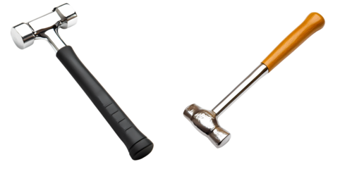 Two striking hammers with contrasting handles on a transparent background, showcasing metallic and wooden textures in a minimalist style