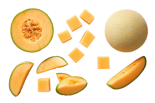 Bright cantaloupe cubes isolated on transparent background, ideal for fruit-salad infographics and breakfast menu graphics