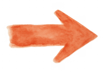 Watercolor orange hand-drawn directional arrow pointing rightward, transparent background, versatile design graphic element