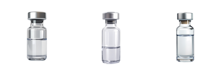 Three glass vials with silver caps, filled with clear liquid, evenly spaced on a transparent background, medical and laboratory theme