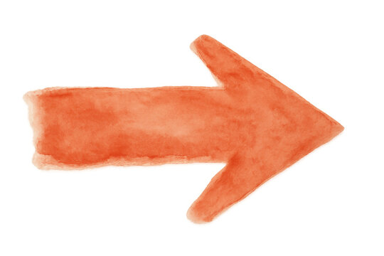 Watercolor orange hand-drawn directional arrow pointing rightward, transparent background, versatile design graphic element