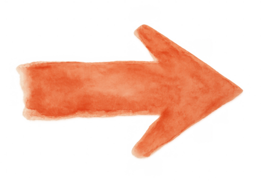 Watercolor orange hand-drawn directional arrow pointing rightward, transparent background, versatile design graphic element