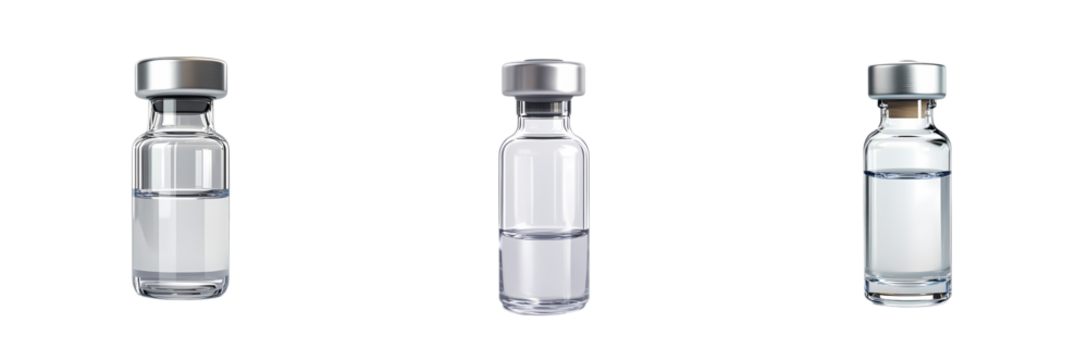 Three glass vials with silver caps, filled with clear liquid, evenly spaced on a transparent background, medical and laboratory theme