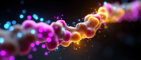 Abstract visualization of a molecular chain with glowing particles in vibrant colors, representing a scientific or biochemical concept.