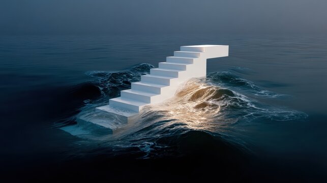 Fototapeta A surreal staircase rises from turbulent water under a moody sky, blending architecture with nature in a dreamlike scene.