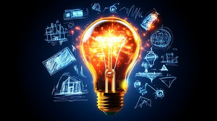 Glowing lightbulb surrounded by sketches