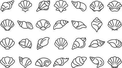 Set of 28 seashells outline icon on transparent background