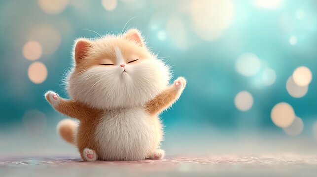 cartoon character cute fluffy cat doing yoga on a beautiful background with bokeh. June 21 is World Yoga Day. High quality