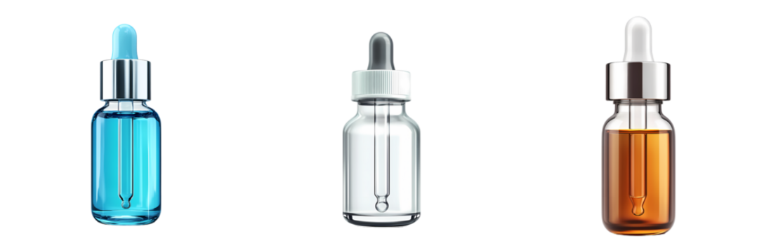 Three glass dropper bottles with colorful liquids on transparent background.