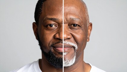 A split portrait showing the comparison between a younger and older man, highlighting aging differences in facial features.
