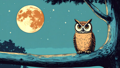 Owl sitting on a branch under the moonlight in a cute cartoon night scene