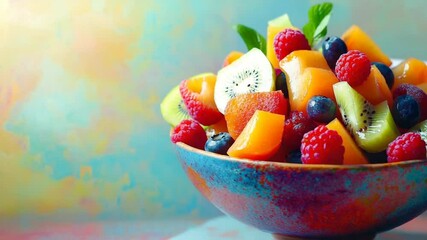Colorful fruit salad featuring vibrant berries and melons in a decorative bowl against a soft backdrop