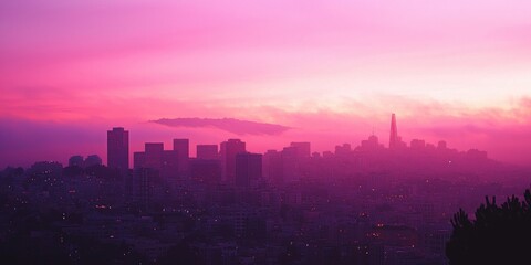 A city skyline at dawn, bathed in warm pink and purple sunrise tones