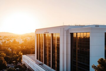 Modern office building at sunset with reflective glass facade