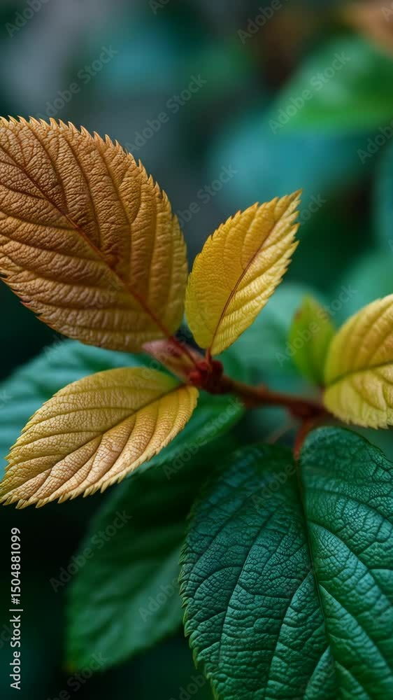 Poster close up view of fresh foliage showing textures, patterns and color variations of new leaves on a br
