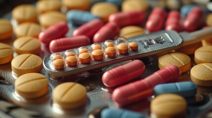 Close up of colorful pharmaceutical pills and tablet container on metallic surface