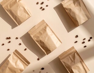 Custom AI Model 바닥에 높혀있는 크라프트 포장지와 흩어진 원두 Kraft wrapping paper and scattered coffee beans on the floor 