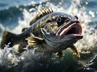 A black bass makes a dynamic jump out of the water.