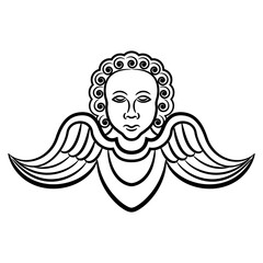 Winged cherub head. Vintage religious design. Black and white linear silhouette.
