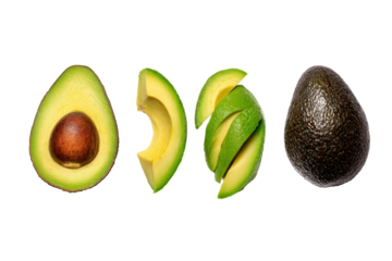 Vibrant avocado slices flat-lay isolated on transparent background, perfect for recipe cards and wellness campaign ads