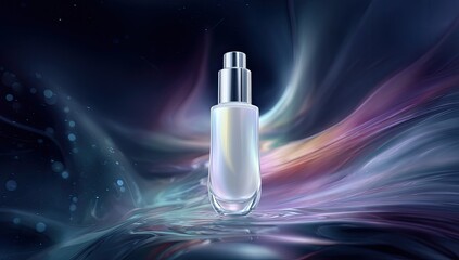Pearlescent serum bottle on iridescent, swirling background; luxurious, futuristic aesthetic