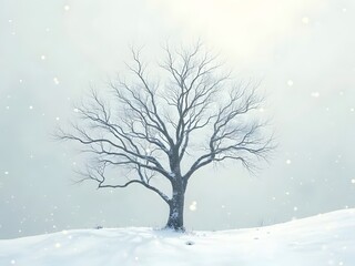 Fototapeta premium Snow-Covered Branches in Winter: Bare tree branches dusted with fresh snow, stretching across a pale winter sky, with soft flakes gently falling.