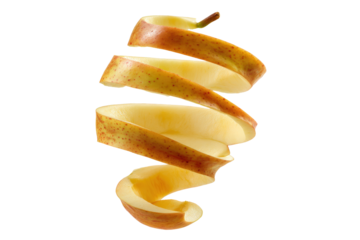 Artistic apple vertical spiral peel isolated on transparent background, useful for healthy dessert blogs and garnish tutorials