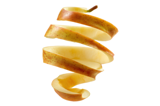 Artistic apple vertical spiral peel isolated on transparent background, useful for healthy dessert blogs and garnish tutorials