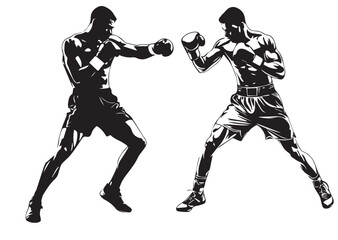 Two Boxers in Fighting Stance - Dynamic Black and White Silhouette Illustration