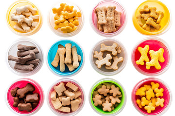 assorted dog treats including bone shaped biscuits and paw print snacks in small colorful bowls and clear plastic packaging, neatly arranged, top view studio shot on white