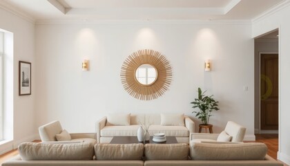Fototapeta premium Modern Living Room Interior Design with Beige Sofa and Sunburst Mirror
