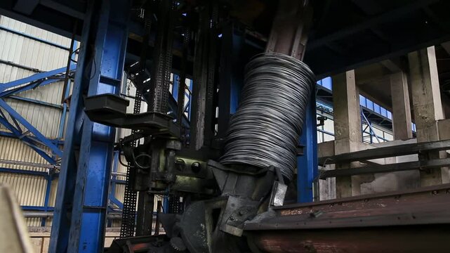 Automatic industry mass production product washing process for steel wire rods, Metal steel wire preparing surface cleaning, Pile of wire rod from raw material for industrial business