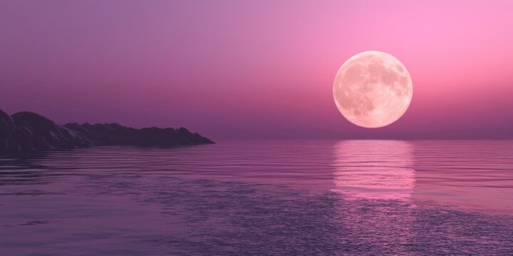 A coastal view with the glowing moon slowly emerging over the horizon