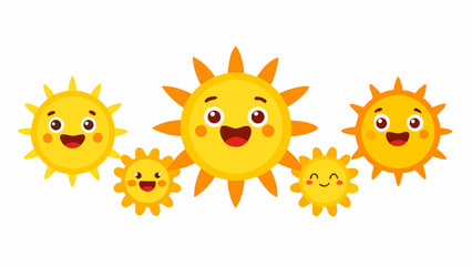 Set of cute Sun icons in flat style isolated on white background. Emoji. Smiling cartoon summer emoticons. Vector illustration