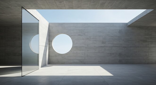 Open space con parete in vetro cemento e finestra circolare