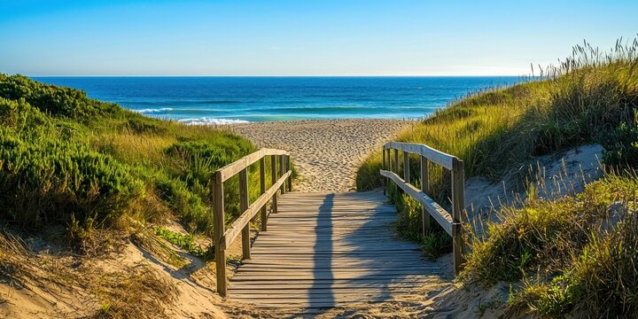 A coastal wooden pathway stretching along the shore, surrounded by dunes and greenery