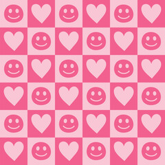 Seamless Pink Smiley Face and Heart Pattern. Cute Kawaii Checkerboard Background for Digital Paper and Wrapping Design. Illustration vector 10 eps.