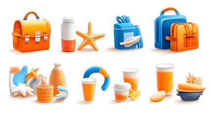 Summer vacation items, orange & blue